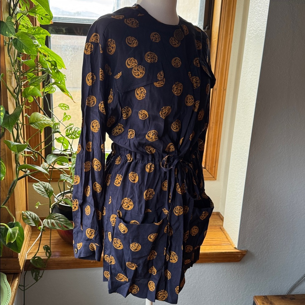 Liz Claiborne Shirt Dress Blue/Gold Filigree 80's VTG Long Sleeve Jewel Neck